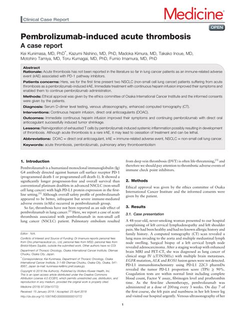 Pdf Pembrolizumab Induced Acute Thrombosis A Case Report