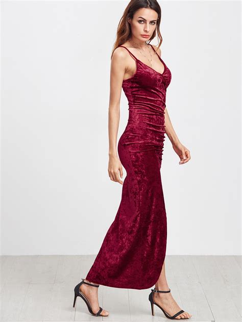 Surplice Front Ruched High Slit Velvet Cami Dress Shein Sheinside