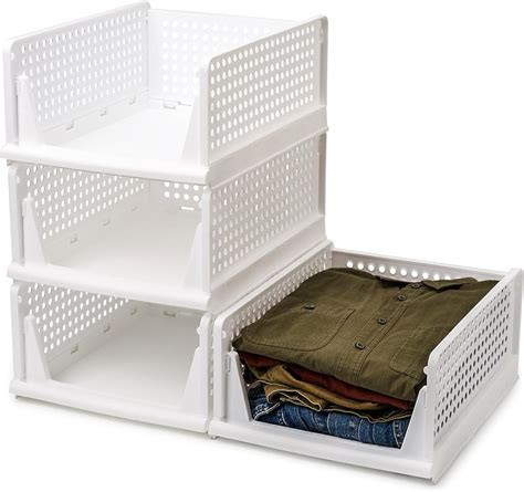 Ezoware Set Of 4 Stackable Plastic Closet Organiser Baskets