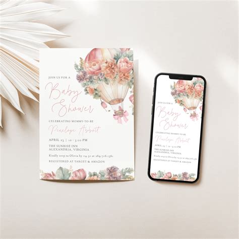 Pink Hot Air Balloon Baby Shower Invitation Editable Template Pink Baby Shower Invite Printable