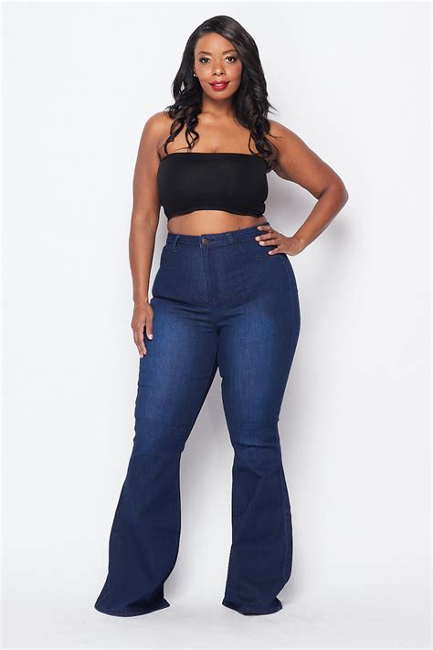 Plus Size High Waisted Stretchy Bell Bottom Jeans Dark Denim