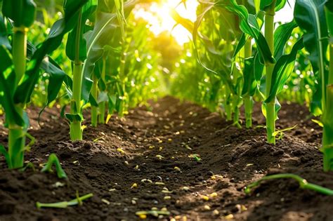 Un campo fértil de campo muestra el cultivo orgánico de maíz o maíz en