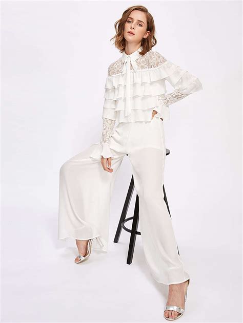 Lace Shoulder And Sleeve Layered Frill Detail Palazzo Jumpsuit Shein