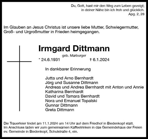 Traueranzeigen Von Irmgard Dittmann Vrm Trauer De