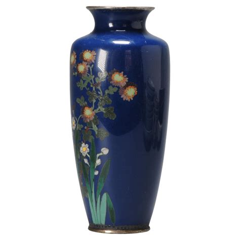 Small Vase With Flowers On Blue Cloisonné Enamel Meiji Era 1868 1912