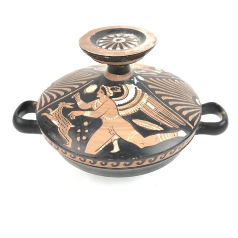 Lot Etruscan Style Pottery Lidded Vessel Handpainted With Some