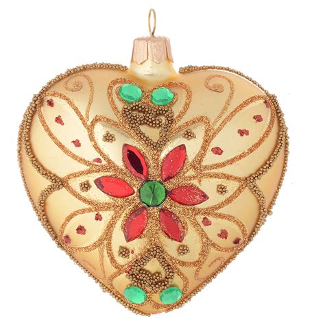 Heart Shaped Christmas Bauble In Blown Glass With Floral Decoration