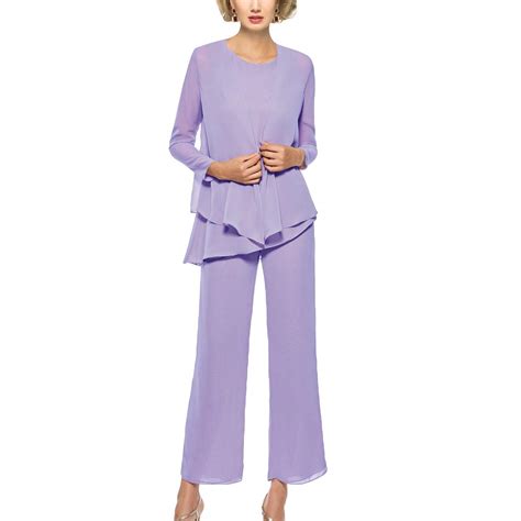 Mother Of The Bride Pant Suits 3 Piece Outfits Formal Womens Evening Long Sleeve Chiffon Dressy