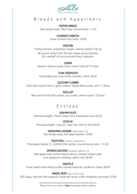 Lunch Dinner Menu Modern Australian Cuisine Sails Restaurant