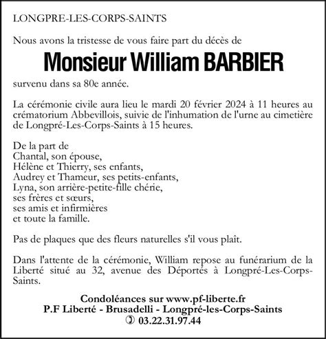 Avis De D C S De William Barbier Pompes Fun Bres Libert Brusadelli