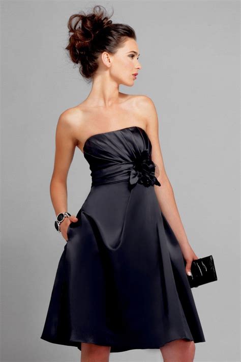 Black Strapless Knee Length Sash Floral Chiffon Satin Bridesmaid Dress Prlog