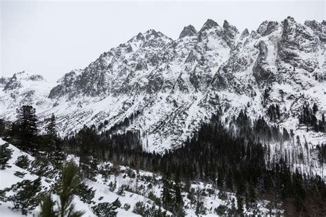 Montanhas Nevadas E Uma Impressionante Parede De Rocha Nas Montanhas