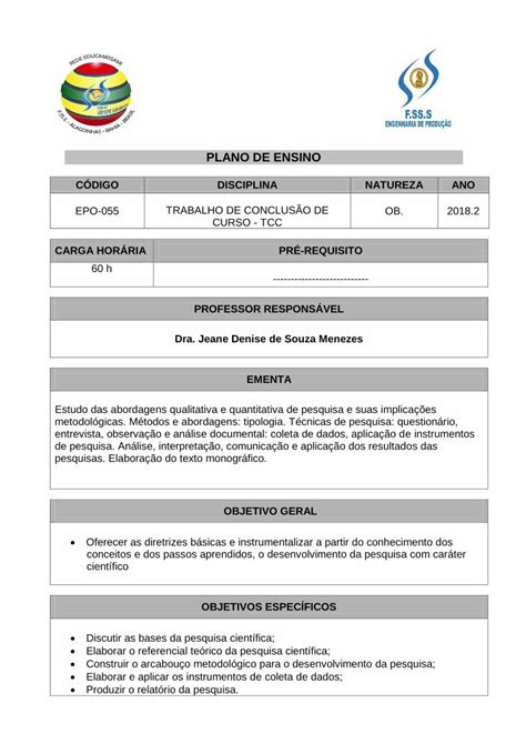 Pdf Plano De Ensino Plano De Ensino C Digo Disciplina Natureza Ano