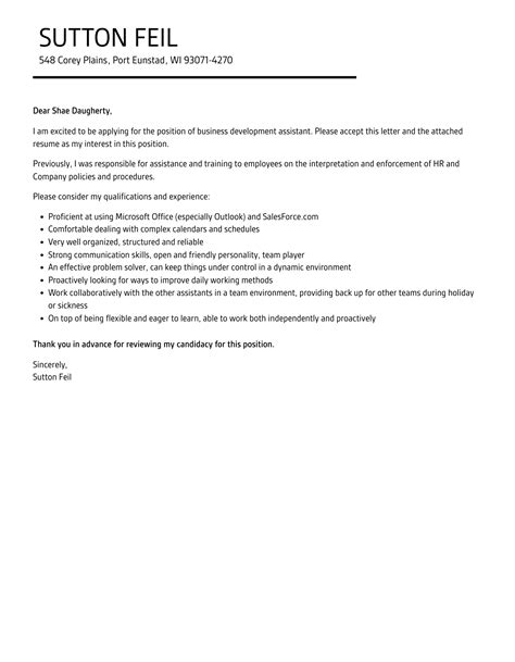 Business Development Assistant Cover Letter Velvet Jobs