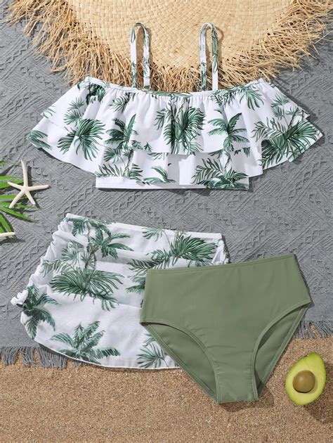 Conjunto De Bikini Con Estampado Tropical Bajo Con Volantes Y Falda De