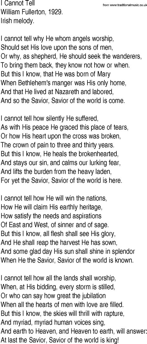 Hymn And Gospel Song Lyrics For I Cannot Tell By William Fullerton