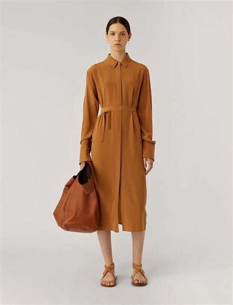 Silk Belted Shirt Dress In Saddle Brown S M Ebay