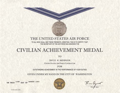 Air Force Civilian Achievement Medal Certificate,