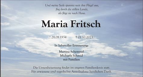 Traueranzeigen Von Maria Fritsch Nordbayerischer Kurier