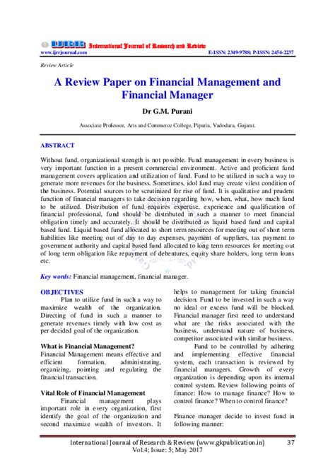 Pdf A Review Paper On Financial Management And Financial Manager