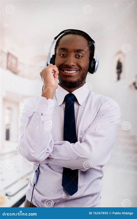 Handsome Man Wearing Headphones With Microphone White Striped Shirt