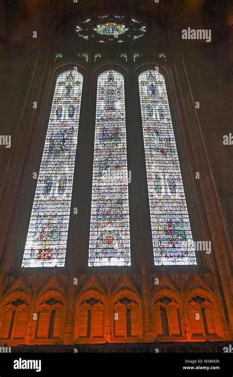 Interior View Of Stained Glass Windows In Liverpool Anglican Cathedral