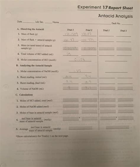 Solved Experiment 17 Report Sheet Antacid Analysis Date Lob Chegg