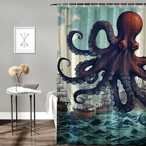 Orinice Blue Nautical Octopus Shower Curtain Set Funny Ocean Kraken