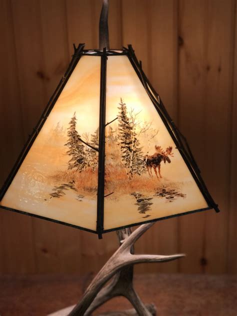 Real Deer Antler Table Lamp With Custom Stained Glass Shade Mad River