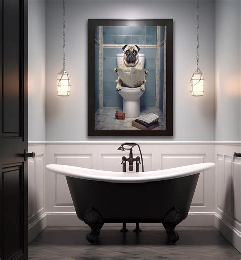 Pug Reading Newspaper on the Toilet Bathroom Wall Decor - Etsy