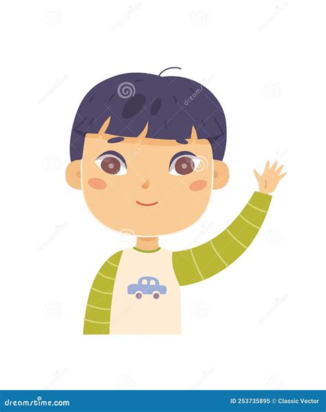 Kid With Hand Up Vector Illustration Cartoon Cute Boy Waving For