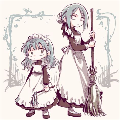 Safebooru 2girls Ahoge Apron Arms At Sides Black Dress Black Footwear