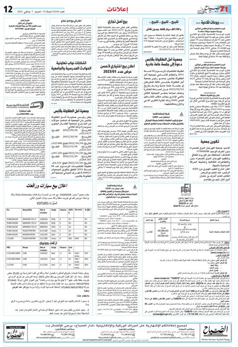 جريدة الصباح نيوز اعلانات الصباح بتاريخ 07 جانفي 2023