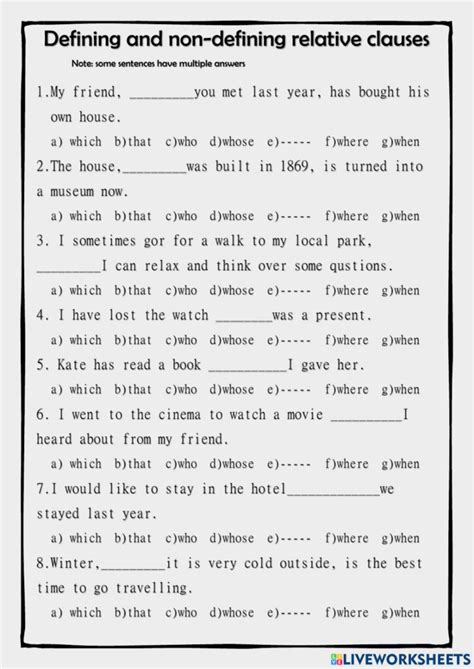 Defining And Non Defining Relative Clauses Online Worksheet For B Hot