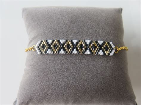 Bracelet Losange Tiss Main En Perles Miyuki Delicas Noir Blanc