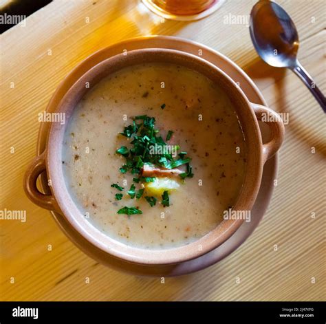 Polish soup zurek with egg Stock Photo - Alamy