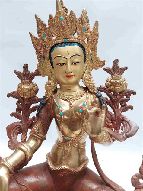 Green Tara Statue Buddhist Handmade Statue Partly Gold Plated Face