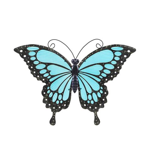 LuxenHome Blue Butterfly Glass And Metal Outdoor Wall Decor WHAO1167