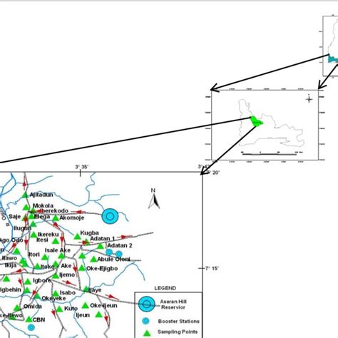 Map of Abeokuta showing sampling points (Inset: Map of Nigeria showing ...