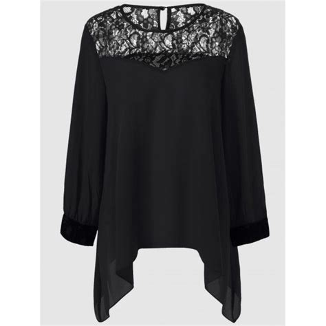 Plus Size Lace Splicing Asymmetrical Blouse Black 5xl In Tops