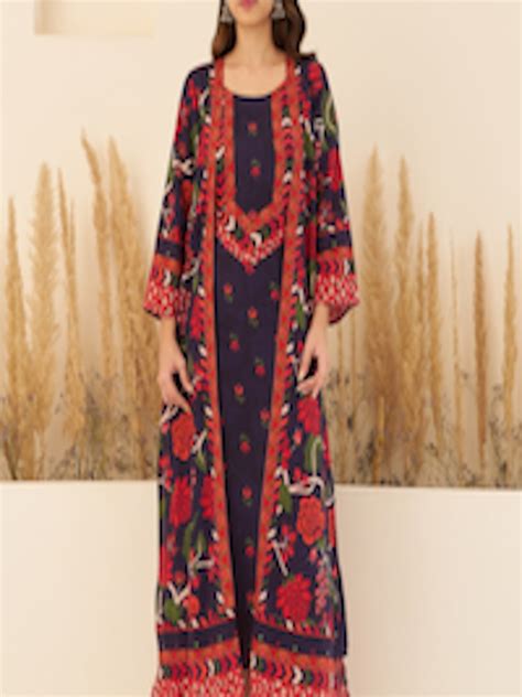 Buy Rustorange Floral Printed A Line Maxi Ethnic Dress With Long Shrug