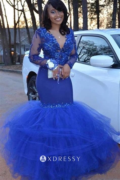 Blue Beaded Lace Tulle Sleeved Trumpet Prom Gown Xdressy