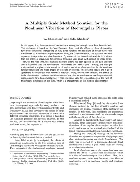 Pdf A Multiple Scale Method Solution For Nonlinear Vibration Of