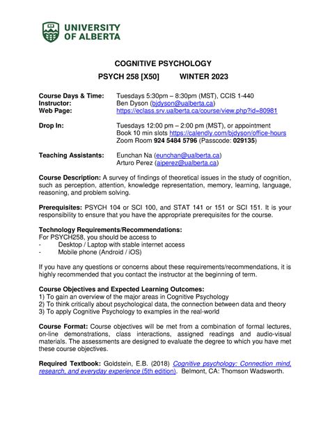 Psych 258 W23 Syllabus For Ben Dyson Class COGNITIVE PSYCHOLOGY