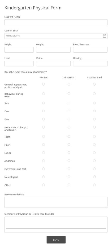 Kindergarten Physical Form Template 123formbuilder