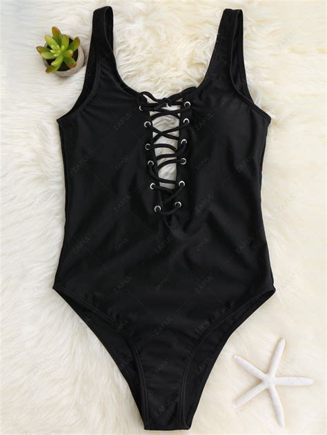 Off Lace Up Slimming One Piece Swimsuit In Black Zaful