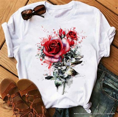 Damen Oberbekleidung Rote Rosen Print Damen T Shirt In Wei