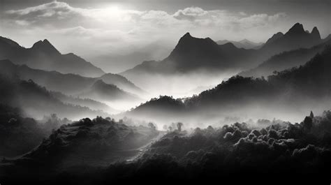 Premium Photo | A black and white photo of a mountain range with fog in ...