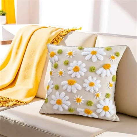 Punch Needle Daisy Pillow Accent Floral Throw Pillows Floral Funky