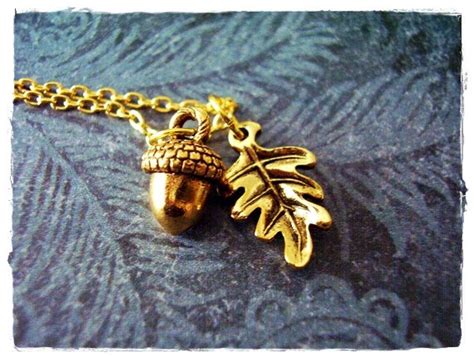 Gold Acorn And Oak Leaf Necklace Antique Gold Pewter Oak Leaf And Acorn Charms On A Delicate